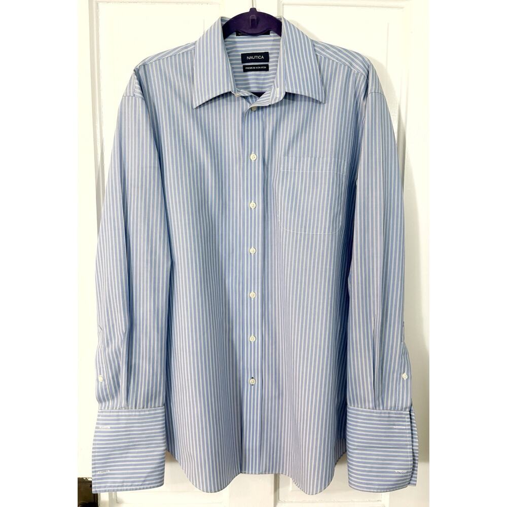 Nautica OCBD Blue Stripe Mens 16 34/35 Premium No Iron French Cuff NEW